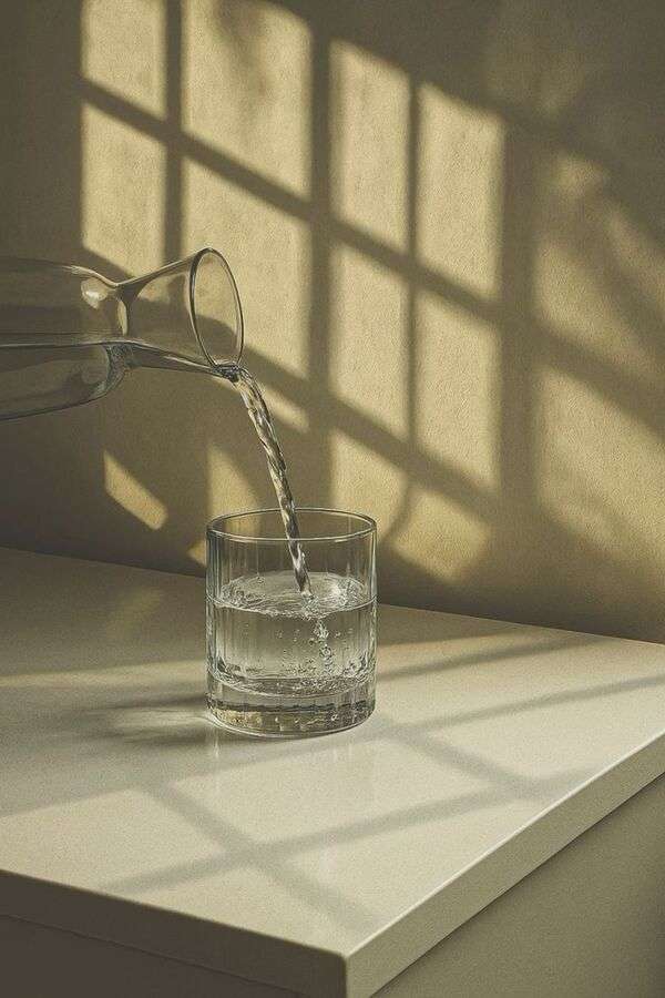 Helles Glas Wasser mit natürlichem Licht auf ruhigem Tisch
